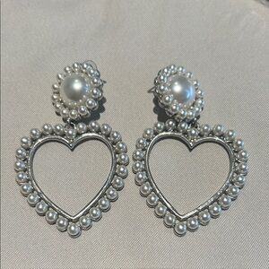 Silver Heart Pearl Drop Earrings